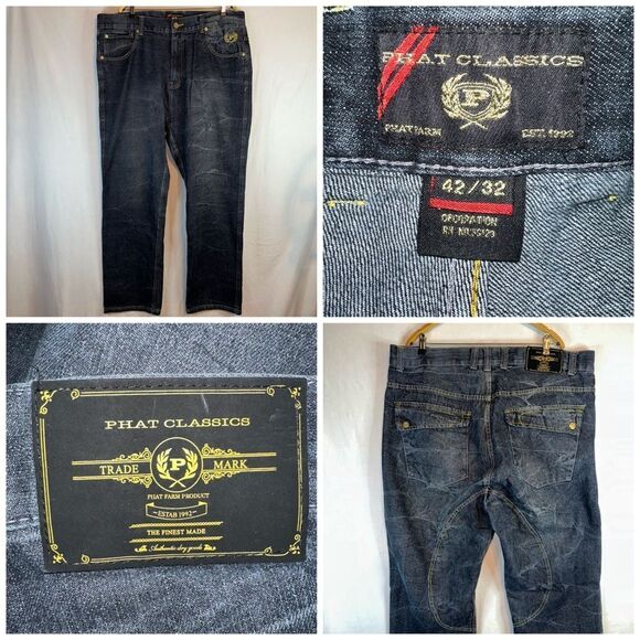 Phat Farm Jeans Men 42x32 Black Vintage Embroidered Classic Hip Hop Skater Biker - Picture 1 of 13